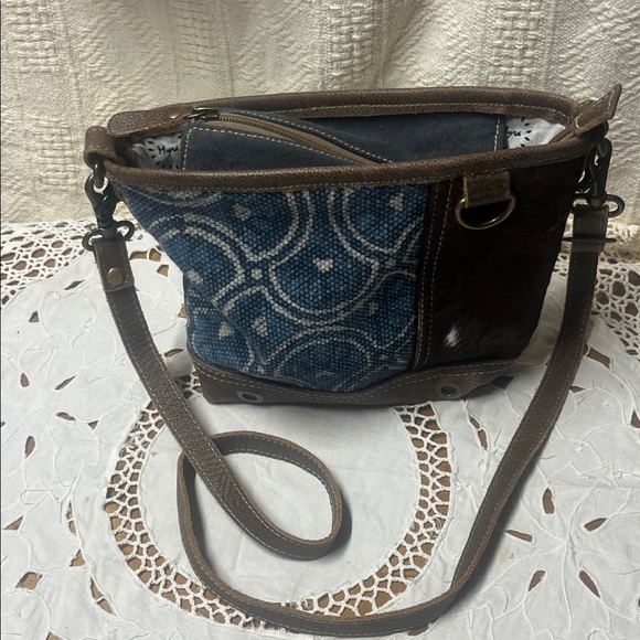 Myra Blue and Brown Cowhide Crossbody Bag - Picture 6 of 12